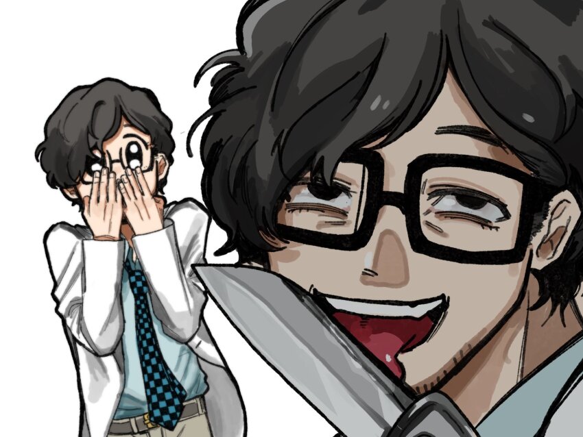 1boy adachi_00000 beard_stubble belt black-framed_eyewear black_eyes blue_necktie blue_shirt brown_hair brown_pants checkered_necktie coat covering_own_mouth facial_hair glasses hands_up highres licking licking_blade licking_weapon male_focus maruki_takuto multiple_views necktie open_clothes open_coat pants persona persona_5 persona_5_the_royal shirt shirt_tucked_in short_hair simple_background stubble weapon white_background white_coat