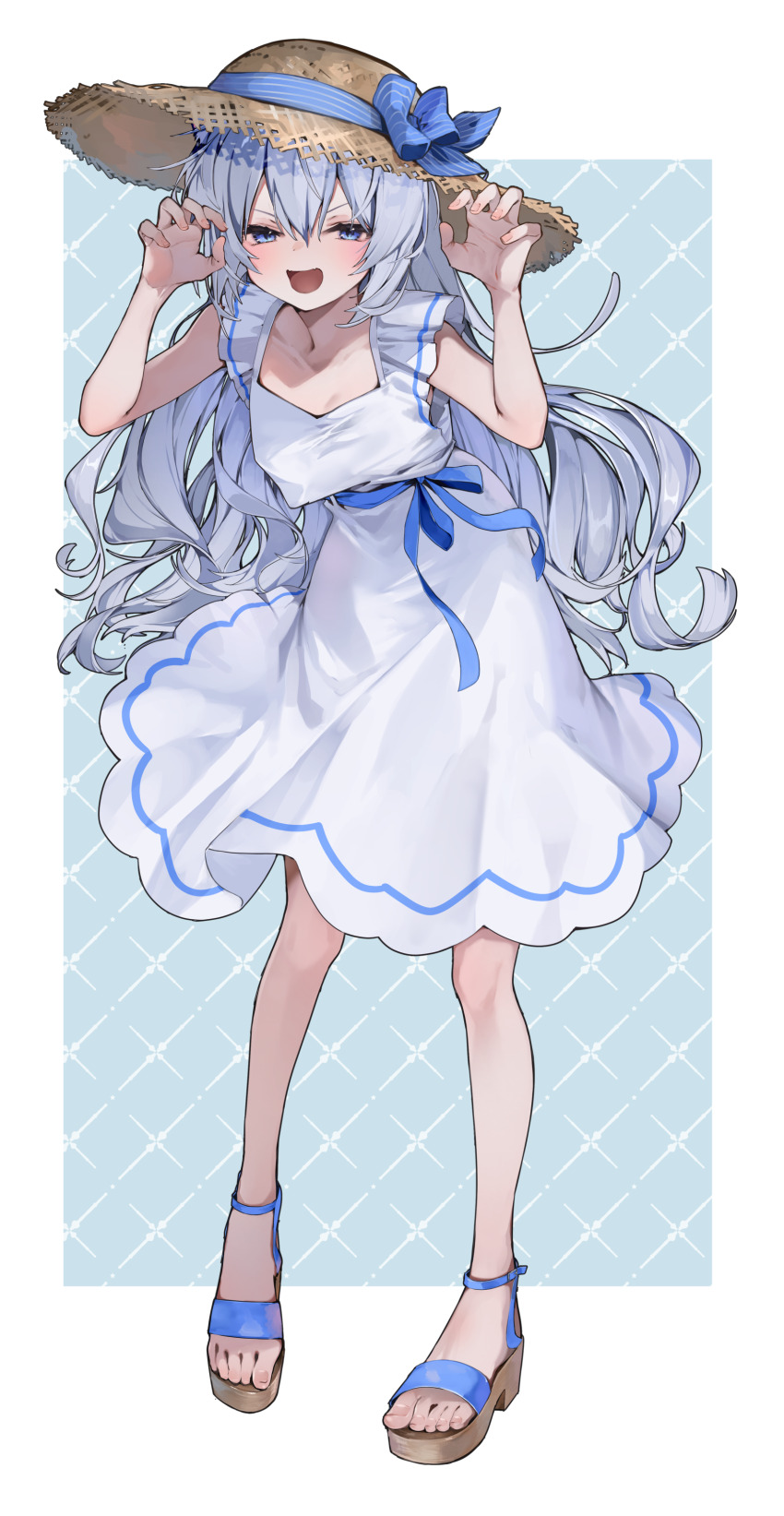 1girl absurdres blue_eyes blush breasts claw_pose commentary_request commission dress enomoto_nao full_body grey_hair hat highres long_hair looking_at_viewer open_mouth original sandals skeb_commission small_breasts smile solo straw_hat sun_hat sundress very_long_hair white_dress yuki_(kise_itsuki)