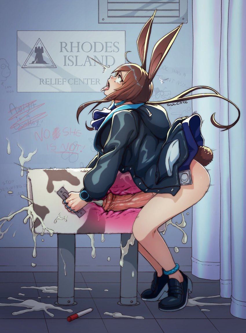 1futa ahegao amiya_(arknights) animal_ears animal_penis arknights artificial_vagina black_jacket blue_neckwear bottomless breeding_mount brown_hair commentary cum english_commentary english_text excessive_cum from_side futanari futanari_masturbation highres hood hood_down hooded_jacket horse_penis huge_penis jacket long_hair long_sleeves masturbation no_panties no_pants open_mouth penis rabbit_ears sex_toy solo standing sulcate tearing_up tiptoes tongue tongue_out uncensored x-ray