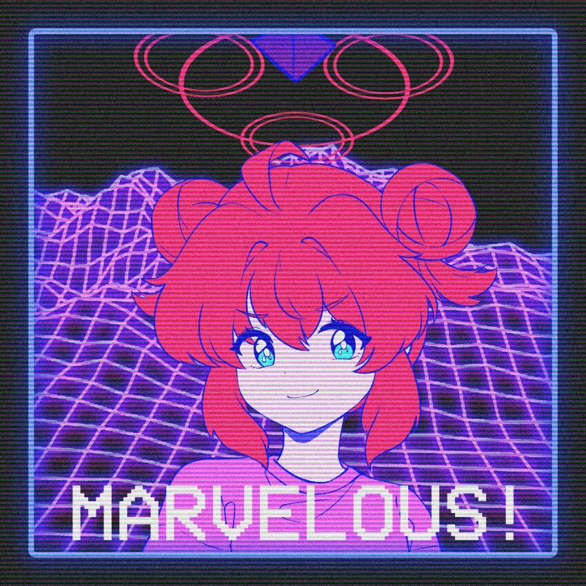 1girl ahoge blue_archive blue_eyes double_bun english_text flat_color hair_bun halo highres hrna maki_(blue_archive) pink_shirt portrait red_hair shirt short_hair synthwave tagme