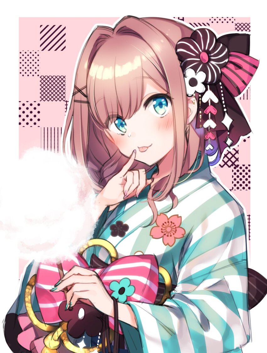 1girl :p aqua_eyes blush border bow brown_flower commentary_request flower food green_kimono hair_flower hair_intakes hair_ornament hairclip hanabana_tsubomi hand_up highres holding holding_food japanese_clothes kimono long_sleeves looking_at_viewer medium_hair nijisanji outline pink_background pink_bow pink_flower pink_hair pink_ribbon ribbon rope smile solo striped_clothes striped_kimono suzuhara_lulu tongue tongue_out upper_body vertical-striped_clothes vertical-striped_kimono virtual_youtuber waist_bow white_border white_flower white_kimono white_outline wide_sleeves x_hair_ornament