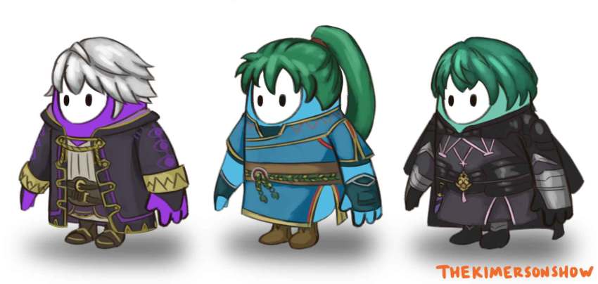 3others artist_name black_eyes commentary cosplay english_commentary fall_guy fall_guys fire_emblem fire_emblem:_the_blazing_blade fire_emblem:_three_houses fire_emblem_awakening green_hair highres kimerson lyn_(fire_emblem) lyn_(fire_emblem)_(cosplay) male_byleth_(fire_emblem) male_byleth_(fire_emblem)_(cosplay) male_robin_(fire_emblem) male_robin_(fire_emblem)_(cosplay) multiple_others nintendo no_humans white_hair