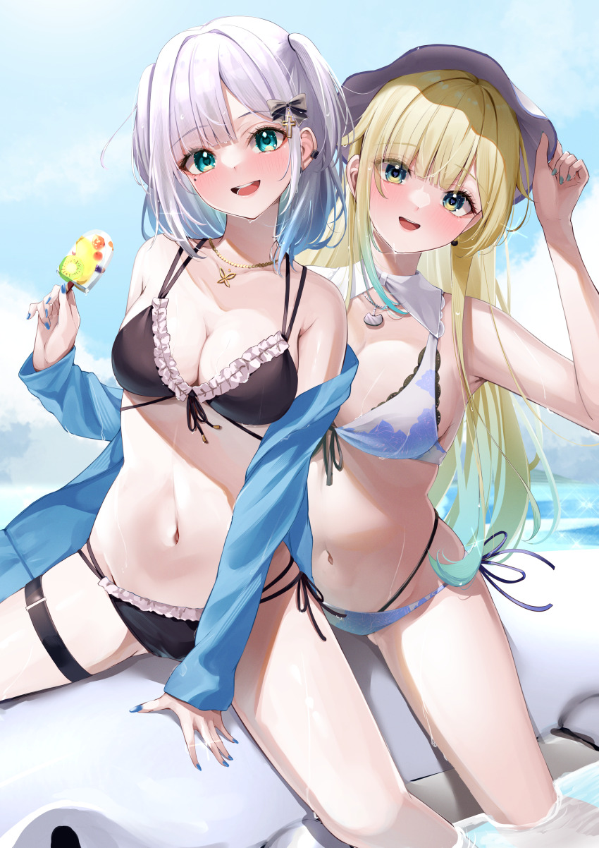 2girls :d absurdres aizawa_ema aizawa_ema_(summer_c102) bare_arms between_legs bikini black_bikini black_ribbon blonde_hair blue_hair blue_jacket blue_nails blush breasts cleavage cross_hair_ornament day detached_collar food frilled_bikini frills gradient_hair green_eyes groin hair_intakes hair_ornament hair_ribbon hand_between_legs head_tilt highres holding holding_food horo_27 inflatable_toy jacket kaga_sumire kaga_sumire_(summer_c102) long_hair long_sleeves looking_at_viewer medium_breasts mole mole_under_eye multi-strapped_bikini_bottom multicolored_hair multiple_girls nail_polish navel off_shoulder open_clothes open_jacket open_mouth outdoors popsicle purple_ribbon ribbon side-tie_bikini_bottom sideboob smile summer swimsuit thick_eyelashes thigh_strap very_long_hair virtual_youtuber vspo! white_bikini white_hair white_headwear