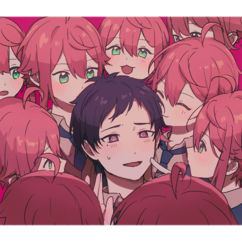 6+boys @_@ ahoge boy_sandwich c54chu0113 clone double-parted_bangs ensemble_stars! fushimi_yuzuru green_eyes hand_on_another&#039;s_face highres himemiya_tori implied_yaoi letterboxed male_focus mole mole_under_eye multiple_boys multiple_persona pink_background pink_hair poking purple_eyes sandwiched short_hair surrounded sweatdrop