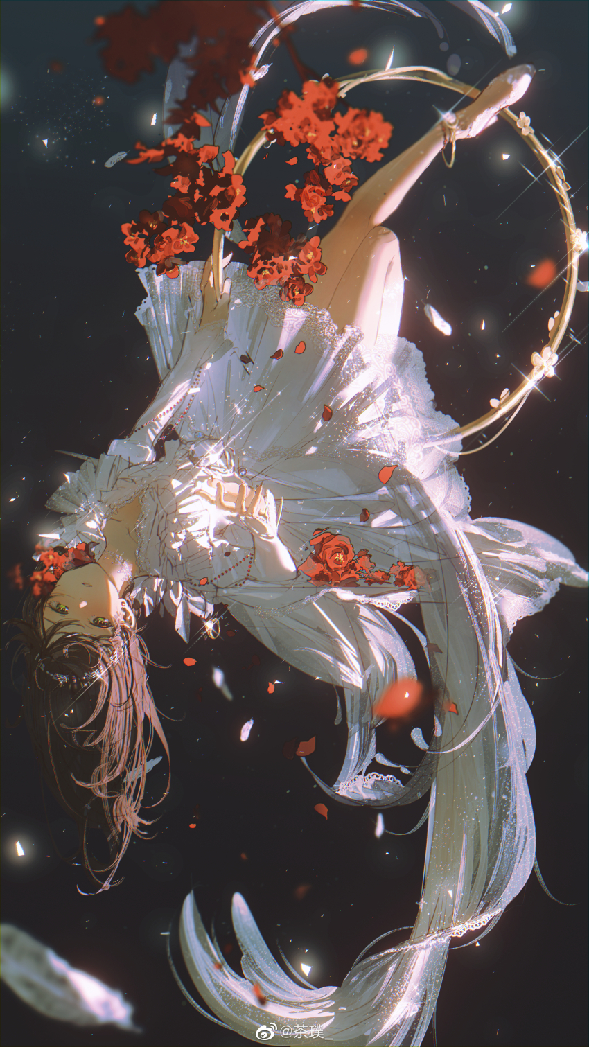 1girl absurdres bare_legs black_background brown_hair chapu_zhong_yingye_zhong dress expressionless eyelashes flower full_body gleam gold_anklet green_eyes high_heels highres juliet_sleeves light_particles long_sleeves looking_at_viewer parted_lips petals poppy_(flower) puffy_sleeves red_flower rosa_(tears_of_themis) shoes short_dress solo tears_of_themis train_(clothing) upside-down watermark weibo_watermark white_dress white_shoes
