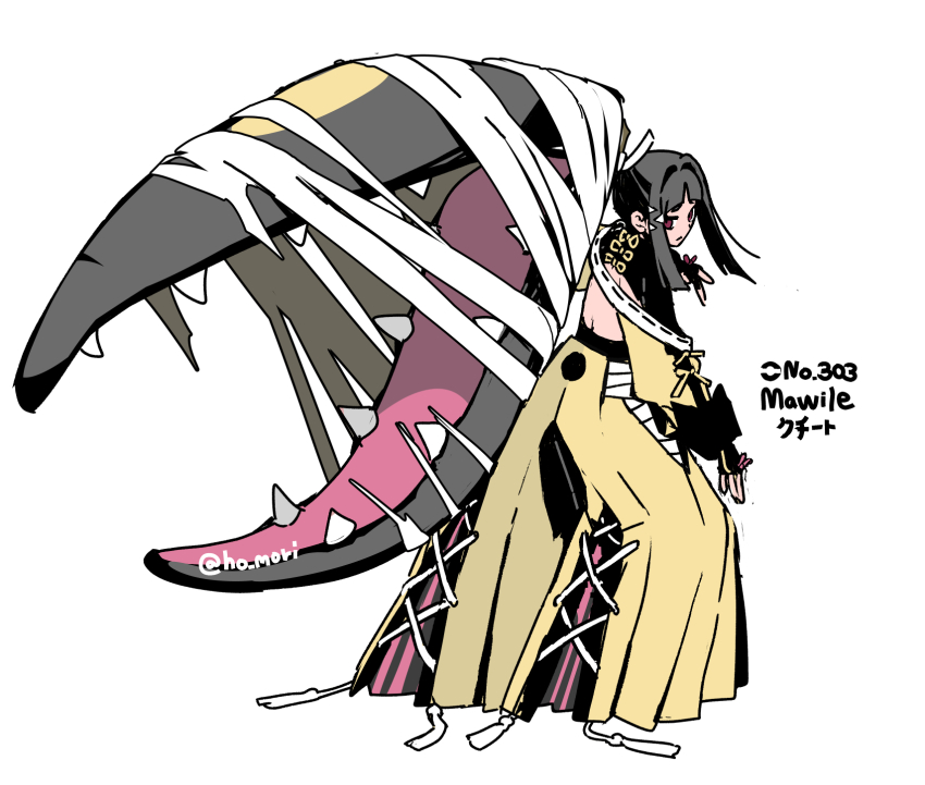 1girl backless_outfit bilingual_text black_shirt closed_mouth commentary_request full_body gen_3_pokemon hakama harurie highres humanization japanese_clothes looking_at_viewer looking_back mawile mixed-language_text nintendo pokedex_number pokemon red_eyes shirt simple_background solo standing white_background yellow_hakama