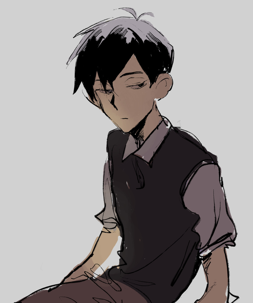 1boy absurdres antenna_hair beiquqian black_eyes black_hair black_vest brown_pants chinese_commentary closed_mouth collared_shirt commentary_request expressionless grey_background grey_shirt highres male_focus omori other_focus pants shirt simple_background sitting sketch solo sunny_(omori) vest