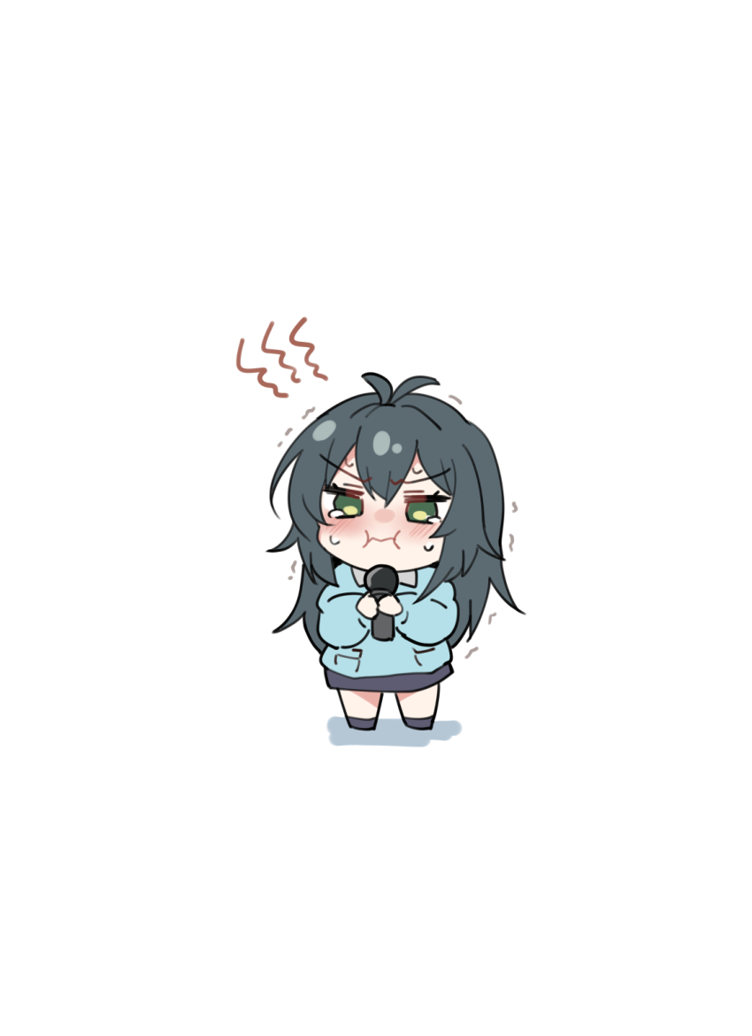 1girl :i antenna_hair arito_arayuru blush chibi chibi_only full_body gakuen_idolmaster green_eyes green_hair highres holding holding_microphone idolmaster kindergarten_uniform long_hair looking_at_viewer microphone simple_background smock solo tears tsukimura_temari very_long_hair white_background