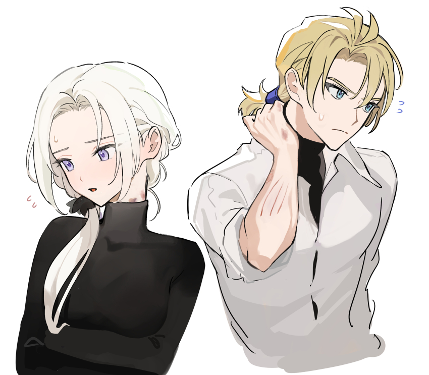 1boy 1girl alternate_costume bite_mark black_shirt blonde_hair blue_eyes blush closed_mouth collared_shirt commentary_request contemporary couple crossed_arms dimitri_alexandre_blaiddyd ear_blush edelgard_von_hresvelg fire_emblem fire_emblem:_three_houses fire_emblem_warriors:_three_hopes flying_sweatdrops hair_between_eyes hair_over_shoulder hand_on_own_neck hand_up hetero hickey highres ikaikakka implied_sex long_hair long_sleeves looking_down looking_to_the_side low_ponytail muscular muscular_male nervous nervous_sweating nintendo nose_blush open_mouth parted_bangs ponytail purple_eyes shirt short_hair side_ponytail simple_background sleeves_rolled_up standing sweat white_background white_hair white_shirt