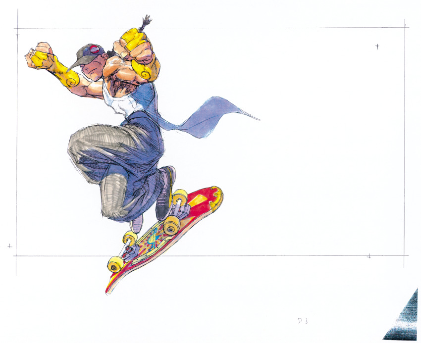 1boy baggy_pants baseball_cap braid bridal_gauntlets brown_hair chinese_clothes clenched_hands covered_eyes game_cg hat highres male_focus muscular nishimura_kinu non-web_source official_art outstretched_arms pants shoes simple_background single_braid skateboard sleeveless sneakers solo street_fighter street_fighter_iii_(series) white_background yun_lee
