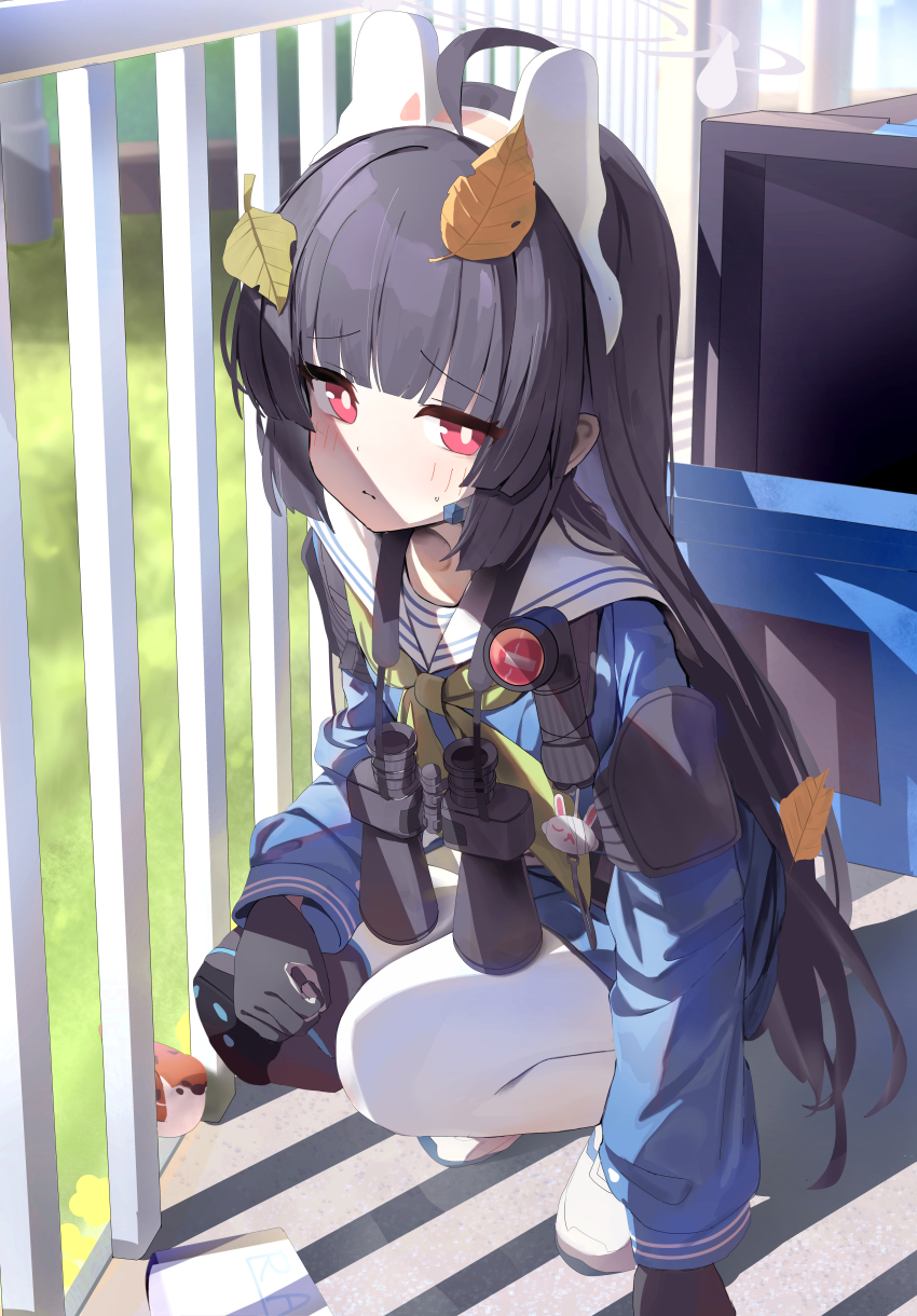1girl absurdres ahoge animal_ear_hairband animal_ears binoculars bird black_gloves black_hair blue_archive blue_shirt blue_skirt blush closed_mouth fake_animal_ears gloves green_neckerchief hairband highres knee_pads leaf leaf_on_head long_hair looking_at_viewer miyu_(blue_archive) neckerchief pantyhose rabbit_ear_hairband rabbit_ears red_eyes sailor_collar shirt shoes sidelocks single_knee_pad skirt solo squatting sweatdrop white_hairband white_pantyhose white_sailor_collar white_shoes yamada_auto