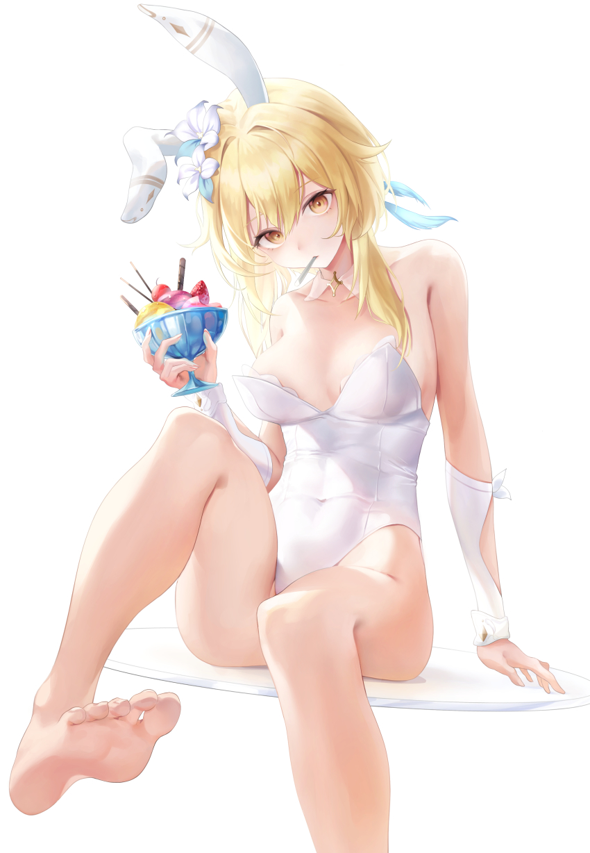1girl absurdres animal_ears bare_legs bare_shoulders barefoot blush breasts cleavage detached_sleeves fake_animal_ears feet flower genshin_impact hair_flower hair_ornament highres large_breasts leotard looking_at_viewer lumine_(genshin_impact) playboy_bunny rabbit_ears rable short_hair_with_long_locks simple_background white_background white_flower white_leotard