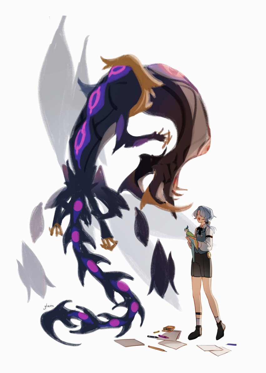1boy absurdres animal bird black_footwear black_shorts blue_hair blue_vest closed_eyes happy highres holding holding_animal holding_bird honkai:_star_rail honkai_(series) light_blue_hair low_ponytail male_focus misha_(honkai:_star_rail) monster parrot ponytail shorts socks something_unto_death_(honkai:_star_rail) tagme vest white_background ylceon