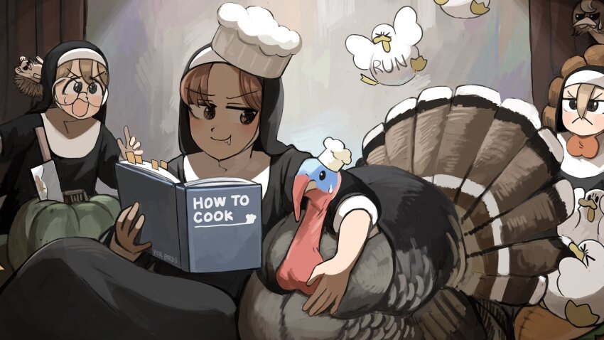 3girls bird blue_eyes book brown_eyes brown_hair chef_hat chicken commentary diva_(hyxpk) duck english_commentary froggy_nun_(diva) glasses glasses_nun_(diva) habit hat hedgehog highres hungry_nun_(diva) little_nuns_(diva) multiple_girls nun ostrich round_eyewear slice_of_life traditional_nun turkey_(bird)