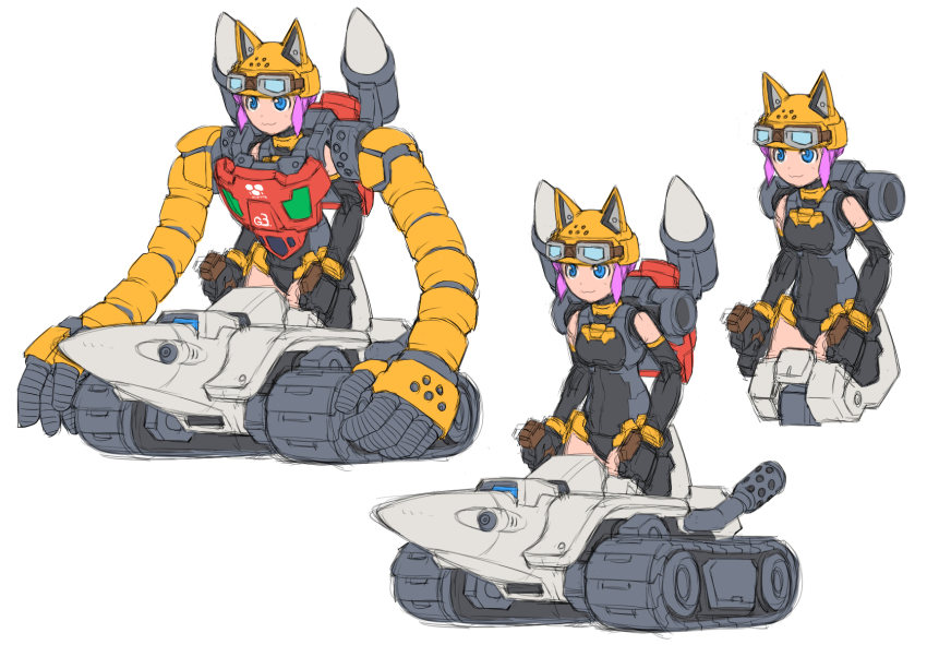 1girl 30_minutes_sisters animal_ear_headwear backpack bag blue_eyes breasts caterpillar_tracks covered_navel fake_animal_ears getter-3 getter_robo getter_robo_(classic) goggles goggles_on_headwear helmet highres mecha_musume parody personification pink_hair small_breasts smile style_parody tanimeso white_background