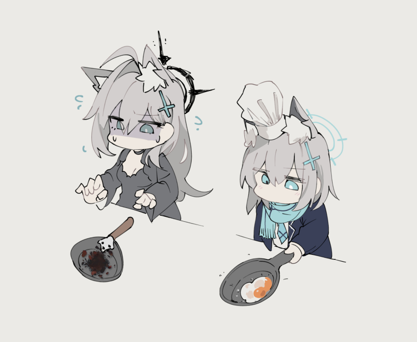 2girls animal_ear_fluff animal_ears black_dress black_halo blue_archive blue_eyes blue_halo blue_jacket blue_necktie blue_scarf chef_hat cooking dress egg eri_(erikiri) frying_pan grey_hair halo hat highres holding holding_frying_pan jacket multiple_girls necktie open_clothes open_jacket scarf school_uniform shiroko_(blue_archive) shiroko_terror_(blue_archive) wolf_ears