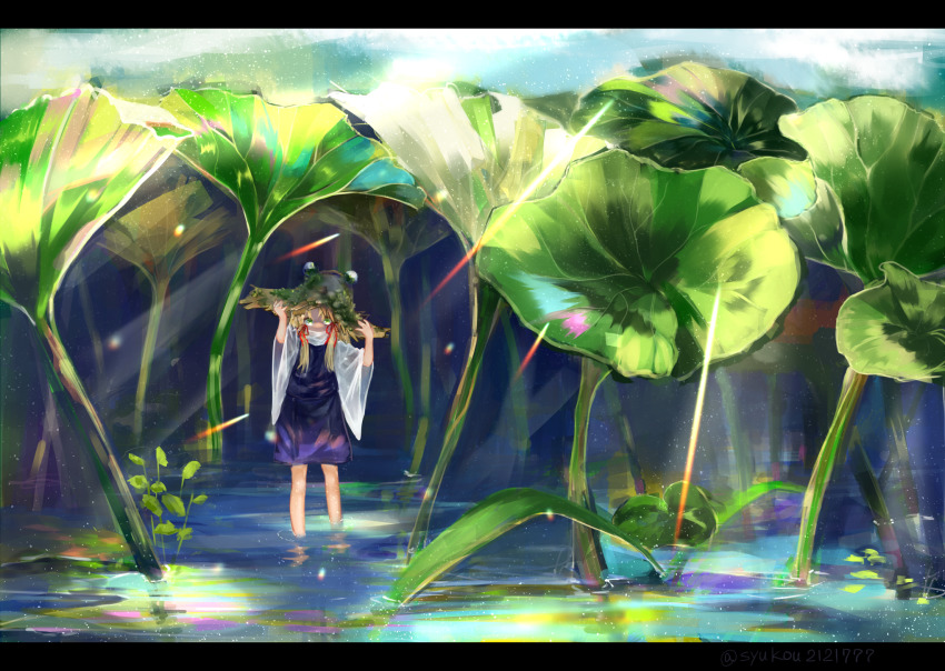 1girl blonde_hair commentary covered_mouth day female_focus green_eyes hair_ribbon hands_on_headwear hands_up highres letterboxed light_rays lily_pad long_hair looking_at_viewer moriya_suwako moss nature outdoors purple_skirt purple_vest red_ribbon ribbon shirt skirt solo sunbeam sunlight syukou touhou turtleneck vest wading water white_shirt wide_shot wide_sleeves