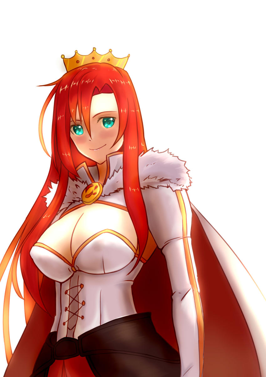 1girl absurdres blue_eyes blush boudica_(fate) boudica_(third_ascension)_(fate) breasts cape cleavage corset crown der_zweite fate/grand_order fate_(series) female_focus fur_trim highres large_breasts long_hair looking_at_viewer red_hair shrug_(clothing) smile solo white_background