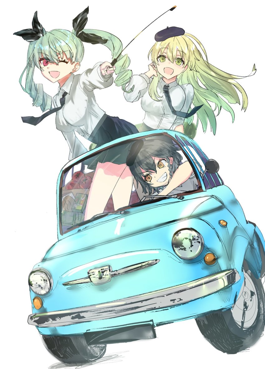 3girls :d ;d anchovy_(girls_und_panzer) anzio_school_uniform arm_support belt beret black_belt black_hair black_headwear black_neckwear black_ribbon black_skirt blonde_hair box braid brown_eyes car carpaccio_(girls_und_panzer) commentary dress_shirt drill_hair driving fiat fiat_500 girls_und_panzer green_eyes green_hair grin hair_ribbon hand_in_own_hair harasu_(harasu888) hat highres holding holding_riding_crop leaning_forward leaning_to_the_side long_hair long_sleeves looking_at_viewer miniskirt motor_vehicle multiple_girls necktie one_eye_closed open_mouth pantyhose pepperoni_(girls_und_panzer) pleated_skirt red_eyes ribbon riding_crop school_uniform shirt short_hair side_braid simple_background skirt sleeves_rolled_up smile standing tomato twin_drills twintails v-shaped_eyebrows vehicle_focus white_background white_legwear white_shirt wind wing_collar