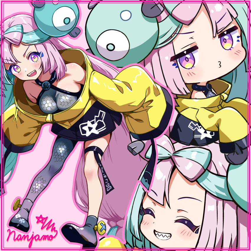 boots bow-shaped_hair character_hair_ornament chibi fake_hair_bun grey_boots grey_pantyhose hair_ornament hexagon_print highres iono_(pokemon) jacket multicolored_hair nintendo open_mouth oversized_clothes pantyhose pokemon pokemon_sv sharp_teeth single_leg_pantyhose sleeves_past_fingers sleeves_past_wrists solo split-color_hair teeth tokinin4 two-tone_hair very_long_sleeves x yellow_jacket