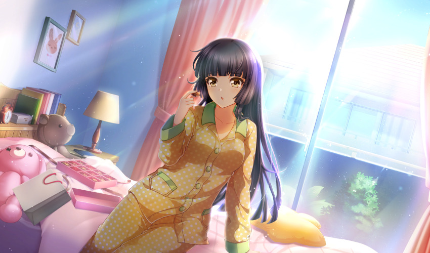 1girl alarm_clock bedroom black_hair blunt_bangs book box cinderella_series clock collared_shirt curtains cushion film_grain game_cg gift gift_bag gift_box hachigatsu_no_cinderella_nine highres holding holding_own_hair indoors lens_flare light_particles light_rays long_hair long_sleeves looking_to_the_side morning non-web_source official_art on_bed pajamas parted_lips plant polka_dot polka_dot_pajamas potted_plant shirt sitting solo stuffed_animal stuffed_rabbit stuffed_toy sunbeam sunlight teddy_bear tsukishima_yui_(hachigatsu_no_cinderella_nine) window yellow_eyes
