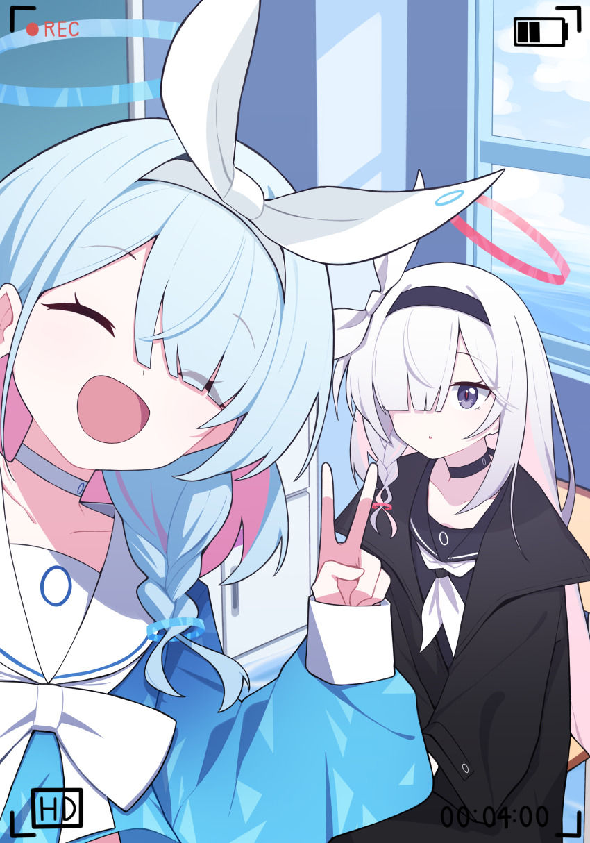 2girls absurdres arona_(blue_archive) battery_indicator black_choker black_coat black_eyes black_hairband black_sailor_collar blue_archive blue_hair braid choker closed_eyes coat colored_inner_hair hairband highres long_hair long_sleeves mmhomm multicolored_hair multiple_girls open_clothes open_coat open_mouth pink_hair plana_(blue_archive) recording sailor_collar short_hair single_braid smile viewfinder white_choker white_sailor_collar