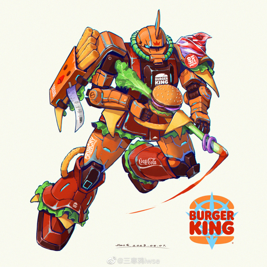 armor blue_eyes burger burger_king chromatic_aberration coca-cola english_text finger_on_trigger food_focus full_body gun gundam helmet highres holding holding_gun holding_weapon iwse_zhang ketchup logo logo_parody mecha mecha_focus mobile_suit_gundam onion orange_helmet qr_code receipt rifle robot simple_background solo spring_onion watermark weapon weibo_username weibo_watermark white_background zaku zaku_ii zaku_ii_s