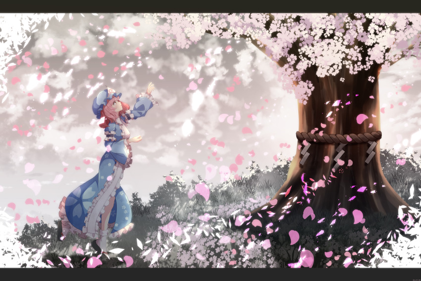1girl absurdres blue_hat blue_kimono cattleya_(a_yel_ttac) cherry_blossoms frilled_kimono frilled_sleeves frills from_side hat highres japanese_clothes kimono long_sleeves mob_cap open_mouth petals pink_eyes pink_hair profile saigyou_ayakashi saigyouji_yuyuko short_hair sleeve_garter socks solo tabi touhou tree triangular_headpiece white_socks wide_sleeves