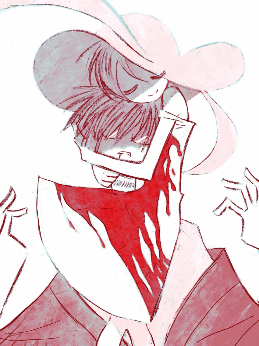 1boy 1girl absurdres blood blood_from_mouth blood_on_clothes bloody_clothes bloody_dress closed_eyes closed_mouth dress faceless faceless_male frown fuura_kafuka glasses hands_up haori hat head_hug highres homilpain hug itoshiki_nozomu japanese_clothes off_shoulder parted_lips rope_marks sayonara_zetsubou_sensei shaded_face shirt short_dress short_hair simple_background sitting_on_shoulder smile strangulation_mark sun_hat sundress upper_body white_background white_dress