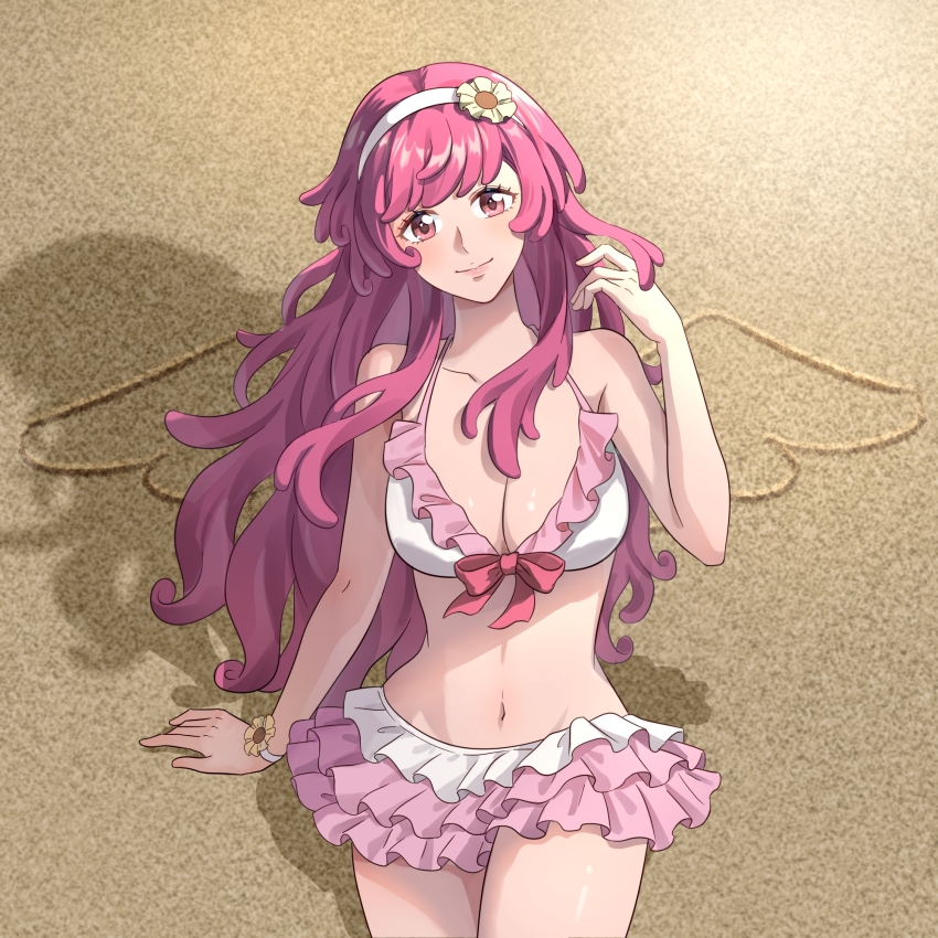 1girl alternate_costume alternate_hairstyle arm_at_side bare_arms beach bikini bleach bleach:_sennen_kessen-hen bow bow_bikini breasts cleavage closed_mouth collarbone commentary cowboy_shot curly_hair deadman70232800 eyelashes flower frilled_bikini frills hair_flower hair_ornament hairband halterneck hand_up head_tilt highres large_breasts lips long_hair looking_at_viewer meninas_mcallon navel outdoors pink_bow pink_eyes pink_hair quincy_(bleach) shadow sidelighting sidelocks sitting smile solo split_mouth sternritter stomach swimsuit very_long_hair white_bikini white_hairband yellow_flower