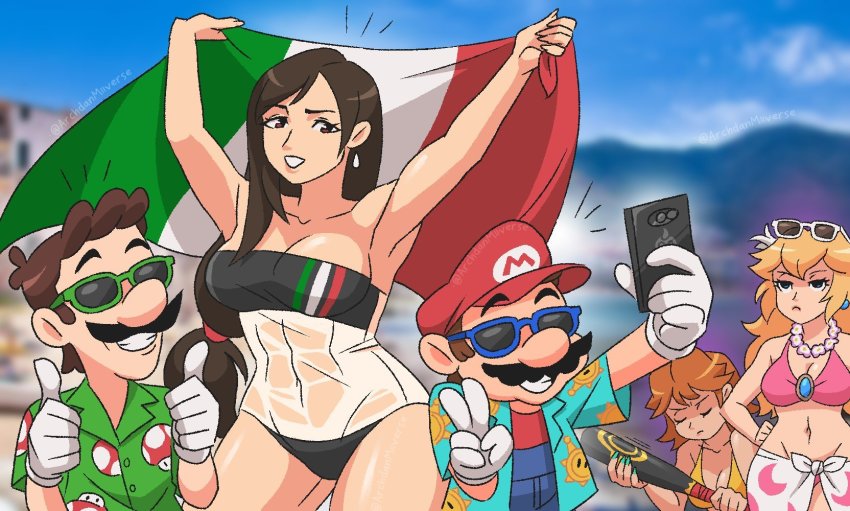 2boys 3girls angry archdan baseball_bat bikini black_hair blonde_hair breasts brothers brown_hair cellphone cleavage closed_eyes earrings facial_hair final_fantasy final_fantasy_vii flag frown gloves grin hand_on_own_hip hat highres italian_flag italian_senate_porn_livestream_(meme) italian_senate_porn_livestream_(meme) jealous jewelry large_breasts long_hair luigi mario mario_(series) mario_kart mario_kart_tour meme mountain multiple_boys multiple_girls mustache navel nintendo phone princess_daisy princess_peach red_eyes shine_sprite shiny_skin siblings smile square_enix sunglasses super_mario_odyssey super_mario_sunshine super_mushroom super_smash_bros. swimsuit thumbs_up tifa_lockhart v