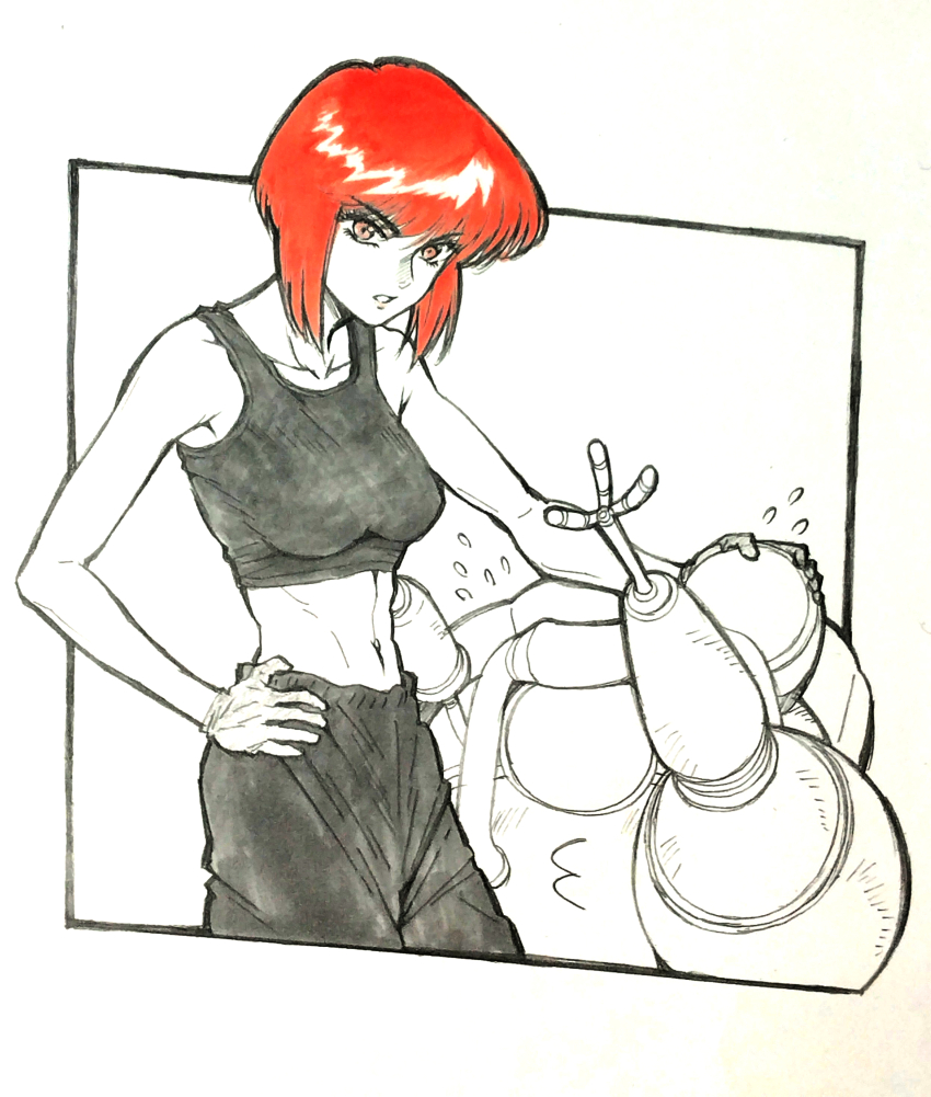 1girl abs absurdres alternate_hair_color bare_shoulders black_pants black_sports_bra bob_cut border breasts collarbone cropped_legs flying_sweatdrops from_side ghost_in_the_shell ghost_in_the_shell:_stand_alone_complex hand_on_own_hip highres inverted_bob kusanagi_motoko large_breasts looking_at_viewer looking_to_the_side marker_(medium) megusuri_(oyasirazumonai) midriff navel outside_border pants parted_lips partially_colored pursed_lips reaching red_hair robot short_hair simple_background solo sports_bra spot_color sweatpants tachikoma toned toned_female traditional_media white_background yellow_eyes