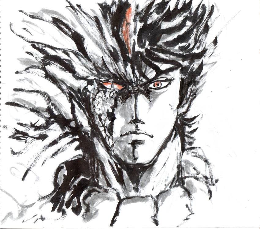 1boy baoh baoh_raihousha hashizawa_ikurou highres male_focus monochrome red_eyes retro_artstyle solo