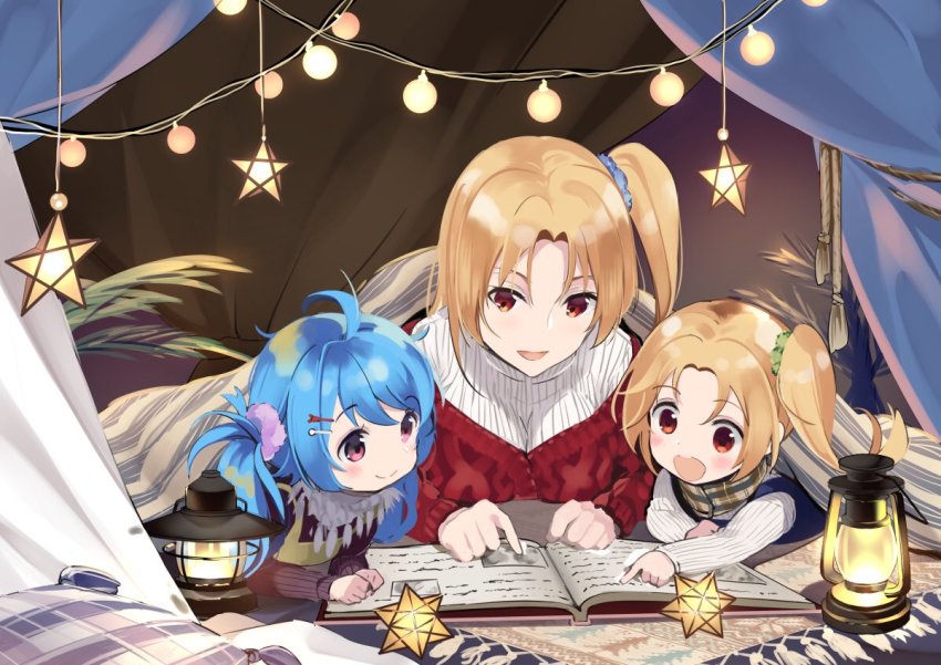 3girls aged_down ahoge ann_(ann58533111) azur_lane blonde_hair blue_hair casual clevelad_(azur_lane) cleveland_(azur_lane) expressive_hair lamp lena_(azur_lane) multiple_girls one_side_up parted_bangs ponytail purple_eyes reading red_eyes small_stellated_dodecahedron