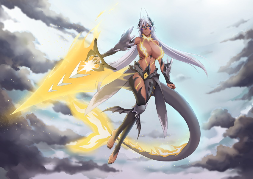 1girl absurdres bleach bleach:_brave_souls blonde_hair breasts dark-skinned_female dark_skin fire flame-tipped_tail highres large_breasts sakuya_(liao_kj) solo tail tier_harribel