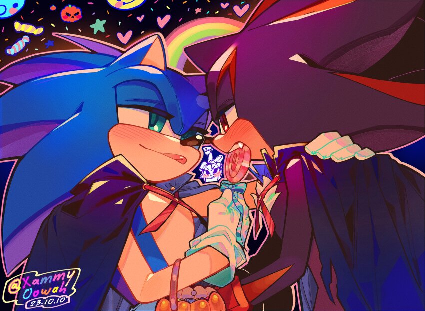 2boys animal_ears animal_nose aqua_eyes artist_name basket black_background black_cape black_fur blue_bow blue_fur blush body_fur bow candy cape closed_mouth commentary dated english_commentary fang food furry furry_male gloves half-closed_eyes halloween halloween_bucket halloween_costume heart hedgehog_boy highres holding holding_candy holding_food holding_lollipop lollipop looking_at_another male_focus multiple_boys open_mouth rainbow red_eyes red_fur shadow_the_hedgehog smile sonic_(series) sonic_the_hedgehog teeth tongue tongue_out torn_cape torn_clothes two-tone_fur upper_body usheriiu white_gloves yaoi