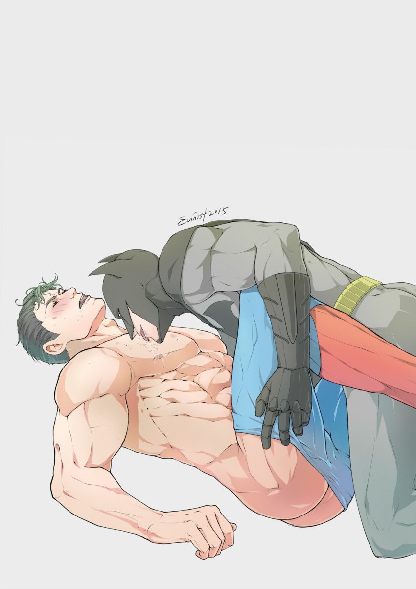 2boys abs artist_name ass bara batman batman_(series) belt black_cape black_gloves black_hair blue_pants blush bodysuit boots bruce_wayne bulge cape clark_kent clothes_pull couple dc_comics evinist gloves grey_bodysuit groping hand_under_clothes highres kneeling large_pectorals licking licking_pectoral lying male_focus mask multiple_boys muscular muscular_male navel nipples on_back open_mouth pants pants_pull pectorals pulling_another&#039;s_clothes saliva short_hair superman superman_(series) tongue tongue_out topless_male yaoi