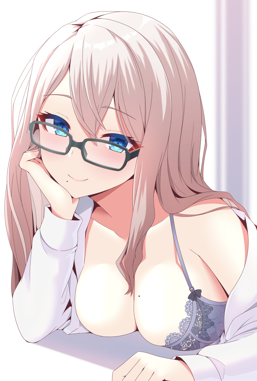 1girl absurdres blonde_hair blue_eyes blush bra breasts cleavage closed_mouth collarbone commentary_request glasses grey-framed_eyewear grey_bra hand_on_own_cheek hand_on_own_face highres koumei_(twinameless) lace lace-trimmed_bra lace_trim large_breasts long_hair long_sleeves looking_at_viewer lying mole mole_on_breast mole_under_eye off_shoulder on_stomach open_clothes open_shirt original shirt single_bare_shoulder smile solo underwear upper_body white_shirt