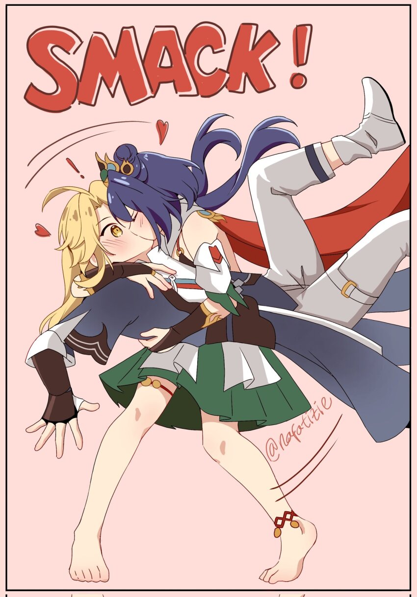 ! 1boy 1girl archie barefoot black_hair blonde_hair blush border cape closed_eyes coat detached_sleeves dress facing_another fingerless_gloves gloves hair_ornament heart hetero highres honkai:_star_rail honkai_(series) hug kiss long_hair looking_at_another motion_lines nafatizie pants parody shoes standing surprised tiptoes toes twintails wide-eyed yanqing_(honkai:_star_rail) yellow_eyes yunli_(honkai:_star_rail)