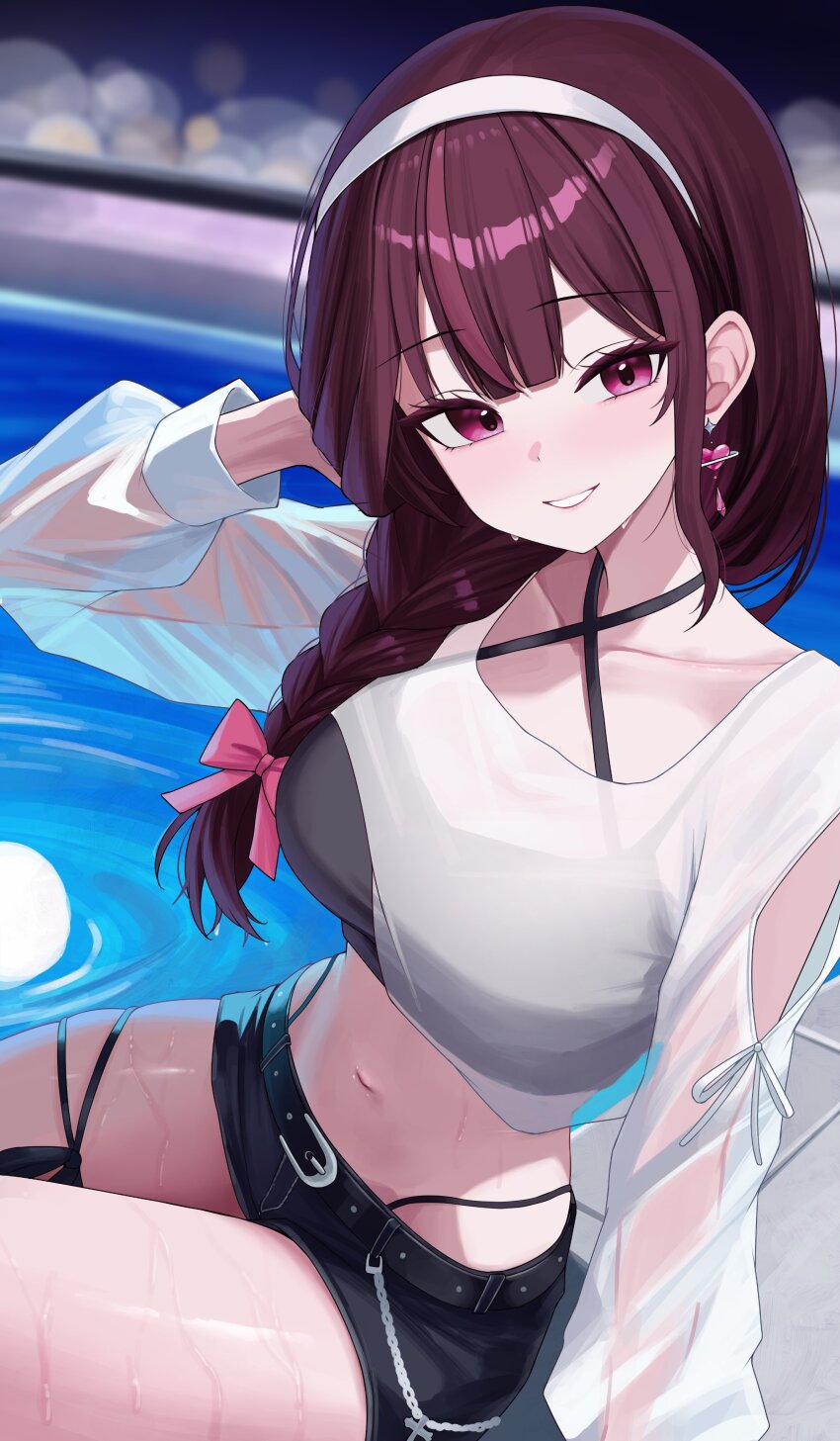 1girl absurdres belt black_shirt black_shorts blurry bokeh braid breasts clothing_cutout commentary criss-cross_halter crop_top depth_of_field earrings grin hair_over_shoulder hairband halterneck hand_up highleg highres jewelry jururu large_breasts long_hair long_sleeves looking_at_viewer midriff multicolored_hair navel panty_straps poolside purple_eyes purple_hair see-through_clothes see-through_shirt see-through_sleeves sei_(0724sei6) shirt short_shorts shorts shoulder_cutout sidelocks single_braid sitting smile solo spaghetti_strap stomach streaked_hair thigh_strap thighs undershirt virtual_youtuber waktaverse wet white_shirt