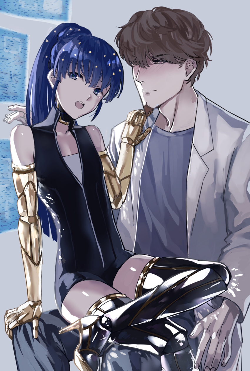 1boy 1other arm_support barbata bare_shoulders blue_eyes blue_hair blush brown_hair commentary english_commentary facial_hair floating_screen goatee golden_arms grey_pants grey_shirt hand_on_another&#039;s_shoulder high_heels high_ponytail highres houseki_no_kuni lab_coat long_sleeves looking_at_another looking_at_viewer mechanical_arms mechanical_legs nervous nose_blush open_mouth pants phosphophyllite phosphophyllite_(ll) ponytail prosthesis prosthetic_arm prosthetic_leg reaching shirt short_hair short_jumpsuit sideburns sidelocks sitting sitting_on_lap sitting_on_person sleeveless spoilers undershirt zakirsiz