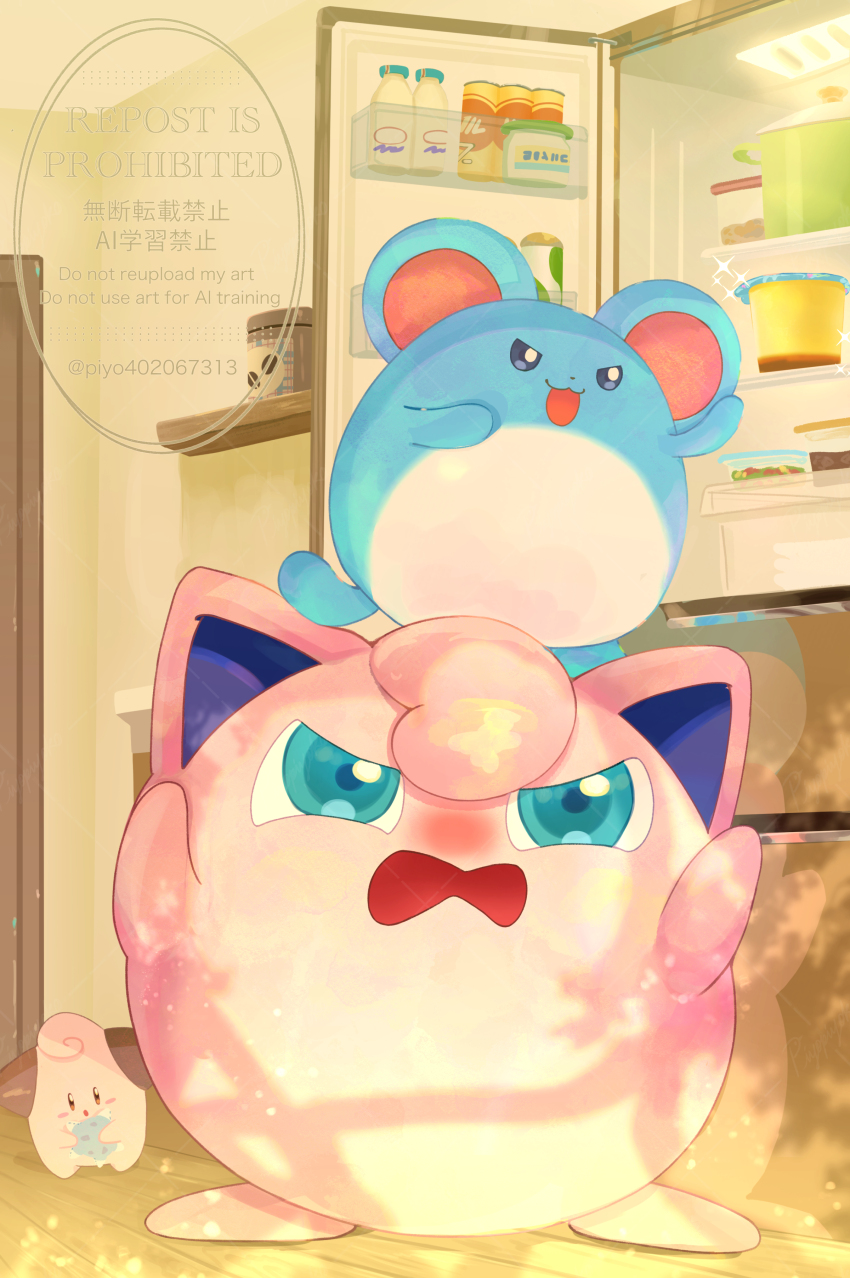 :3 absurdres aqua_eyes bottle cleffa commentary_request food gen_1_pokemon gen_2_pokemon highres holding indoors jigglypuff looking_up marill milk_bottle nintendo no_humans on_head open_mouth piyokonoenikki_04 pokemon pokemon_(creature) pokemon_focus pokemon_on_head pudding refrigerator shelf sparkle standing watermark