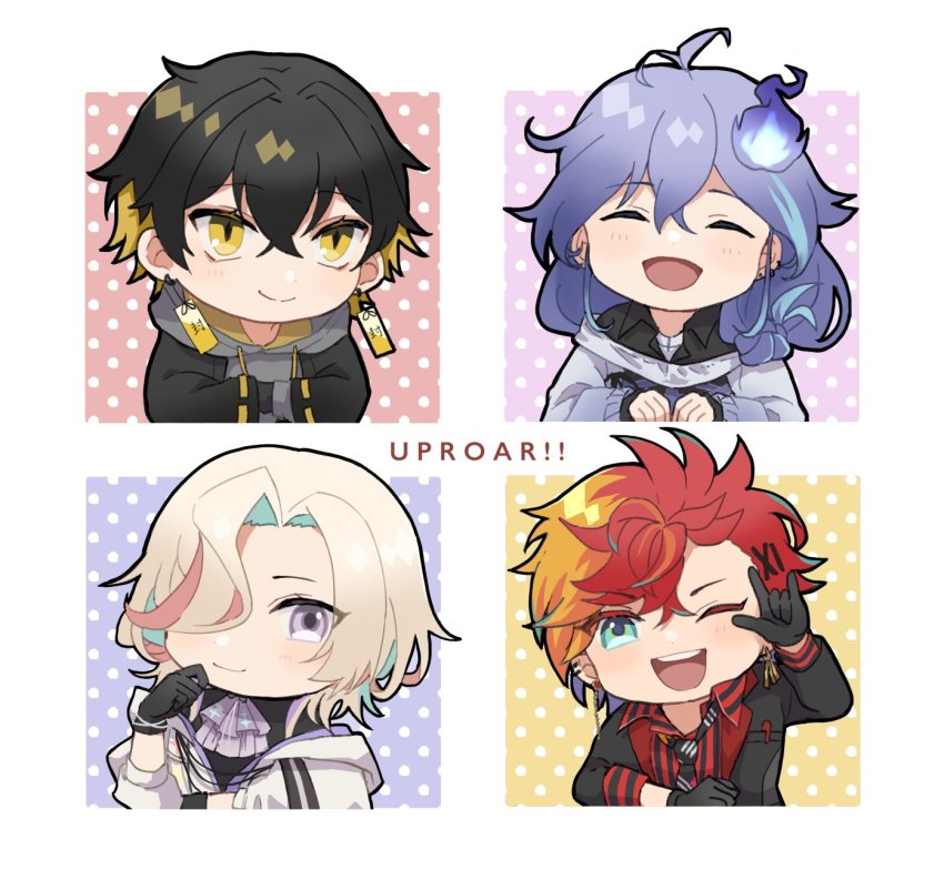 4boys :d ;d ^_^ antenna_hair aqua_eyes aqua_hair ascot black_gloves black_hair black_jacket black_necktie black_shirt blonde_hair blouse bobby_pin border bracelet closed_eyes crossed_bangs earrings facing_viewer gloves grey_hoodie group_name hair_between_eyes hair_bun hair_over_one_eye hand_on_own_chin highres hizaki_gamma holostars hood hoodie jacket jewelry light_blush long_hair looking_at_viewer m/ male_focus medium_hair minase_rio mioto_(tsubsq_m) mismatched_earrings multiple_boys necktie off_shoulder one_eye_closed open_mouth orange_hair outside_border pink_background polka_dot polka_dot_background purple_background purple_eyes purple_hair red_background red_hair red_shirt ribbon-trimmed_sleeves ribbon_trim shirt short_hair single_hair_bun smile striped_clothes striped_shirt teeth upper_body upper_teeth_only uproar_(holostars) upturned_eyes utsugi_uyu vertical-striped_clothes vertical-striped_shirt virtual_youtuber white_border white_hair white_jacket yatogami_fuma yellow_background yellow_eyes