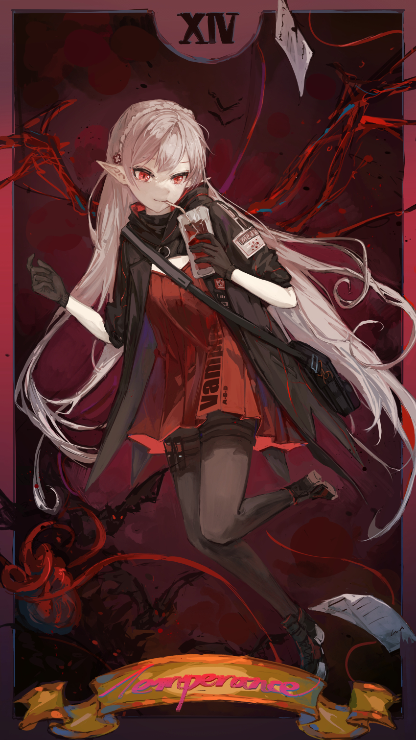 1girl absurdres arknights bag black_footwear black_gloves black_jacket black_pantyhose blood blood_bag braid closed_mouth commentary crown_braid dress drinking_blood drinking_straw english_commentary full_body gloves highres holster jacket karenncat long_hair looking_at_viewer pantyhose pointy_ears red_dress shoulder_bag solo tarot temperance_(tarot) thigh_holster vampire very_long_hair warfarin_(arknights) white_hair