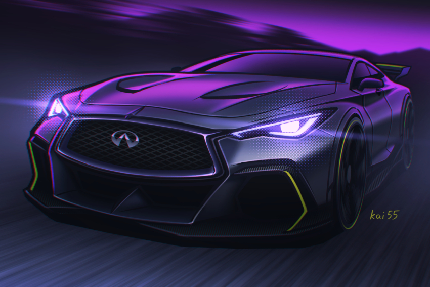 artist_name car chromatic_aberration glowing infiniti_(company) infiniti_project_black_s kai55 light_trail motion_blur motor_vehicle mountainous_horizon no_humans original purple_sky sky spoiler_(automobile) sports_car vehicle_focus