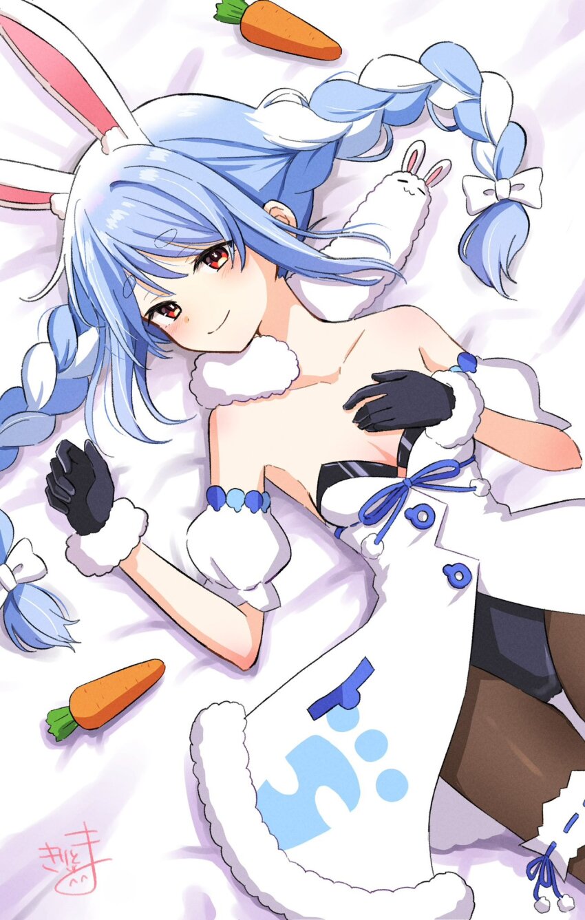 1girl animal_ear_fluff animal_ears bare_shoulders bed_sheet black_gloves black_leotard blue_hair bow braid breasts brown_pantyhose carrot cleavage closed_mouth commentary_request detached_sleeves don-chan_(usada_pekora) dress dutch_angle fur-trimmed_dress fur-trimmed_gloves fur_trim gloves hair_bow highres hololive kiritoma leotard long_hair lying multicolored_hair on_back pantyhose puffy_short_sleeves puffy_sleeves rabbit-shaped_pupils rabbit_ears red_eyes short_eyebrows short_sleeves signature small_breasts smile solo strapless strapless_dress strapless_leotard symbol-shaped_pupils thick_eyebrows twin_braids twintails two-tone_hair usada_pekora usada_pekora_(1st_costume) very_long_hair virtual_youtuber white_bow white_dress white_hair white_sleeves
