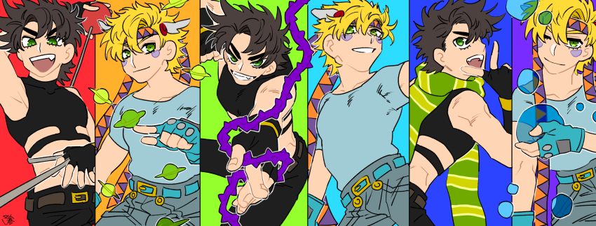 6+boys battle_tendency blonde_hair bola_(weapon) brown_hair bubble caesar_anthonio_zeppeli carota327 column_lineup crop_top facial_mark fang feather_hair_ornament feathers fingerless_gloves flat_color gloves green_eyes green_scarf hair_ornament headband hermit_purple highres hydrokinesis jojo_no_kimyou_na_bouken joseph_joestar joseph_joestar_(young) male_focus midriff multiple_boys multiple_persona one_eye_closed scarf shirt striped_clothes striped_scarf t-shirt thorns triangle_print water
