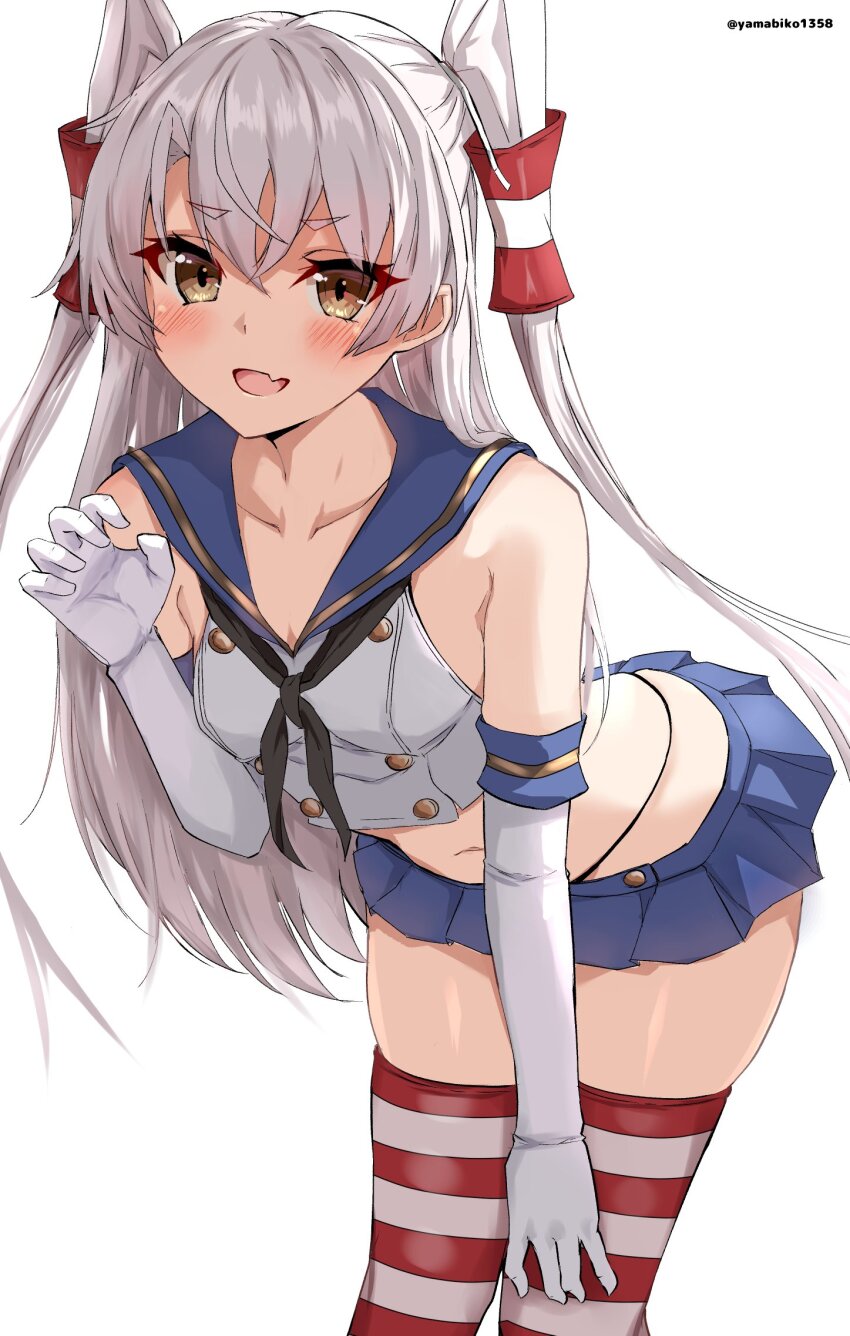 1girl amatsukaze_(kancolle) black_neckerchief black_panties blue_skirt blush breasts commentary_request cosplay cowboy_shot crop_top elbow_gloves fang gloves hairband highleg highleg_panties highres kantai_collection long_hair mizuki_(uzuki_no_sato) navel neckerchief panties sailor_collar shimakaze_(kancolle) shimakaze_(kancolle)_(cosplay) skin_fang skirt solo striped_clothes striped_thighhighs thighhighs twitter_username underwear white_gloves