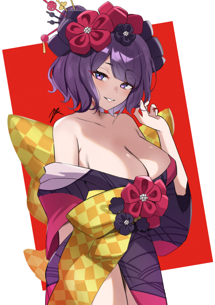 1girl bare_shoulders breasts cleavage collarbone commentary fate/grand_order fate_(series) flower hair_flower hair_ornament highres japanese_clothes katsushika_hokusai_(fate) kimono parted_lips purple_eyes purple_hair purple_kimono short_hair smile solo two-tone_background zet_(twt_zet)
