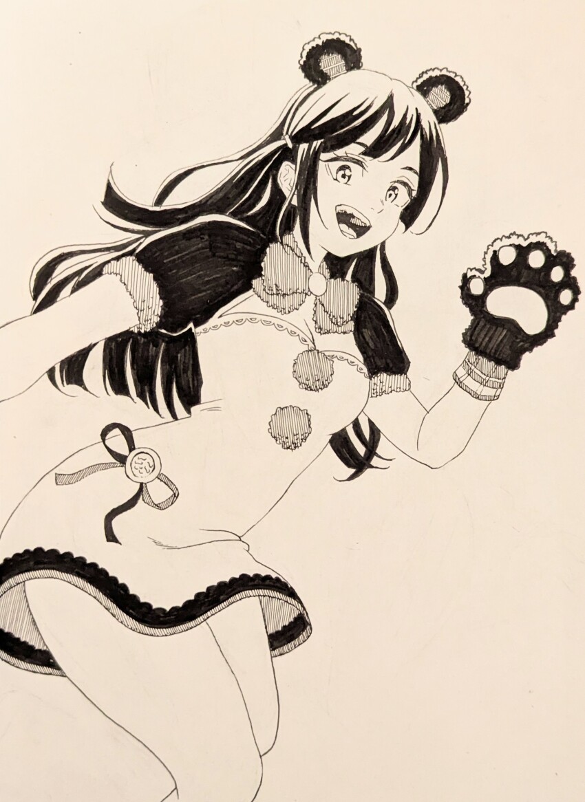 1girl :d absurdres animal_ears animal_hands breasts cleavage cleavage_cutout clothing_cutout commentary dress exciting_animal_(love_live!) feet_out_of_frame gloves highres long_hair love_live! love_live!_nijigasaki_high_school_idol_club love_live!_school_idol_festival_all_stars medium_breasts monochrome official_alternate_costume one_side_up open_mouth panda_ears paw_gloves puffy_short_sleeves puffy_sleeves sepia short_dress short_sleeves smile solo teeth tsutamibr yuki_setsuna